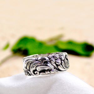 Oxidized Sterling Silver Floral Ring Band: Heavy 925 Silver