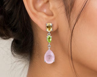 Rose Quartz Gemstone Stud Post Dangle Earring: 925 Sterling Silver Jewelry