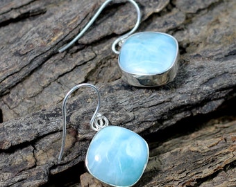 Handmade Dominican Larimar Earrings: Sterling Silver Cabochon Dangle