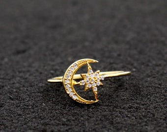 Moon and Star Ring; Cubic Zircon 925 Sterling Silver Jewelry