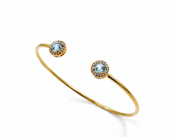 Swiss Blue Topaz CZ Halo Cuff Bracelet: Solid 925 Sterling Silver Jewelry