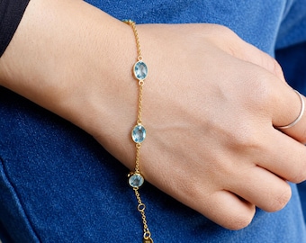 Blue Topaz Gemstone Dainty Silver Bracelet: Solid 925 Sterling Silver