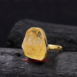 Anello in citrino grezzo naturale, anello in argento sterling massiccio 925, anello con pietra preziosa grezza, gioielli con pietre preziose, anello regalo per anniversario, anello da cocktail curativo