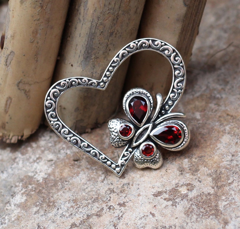 Garnet Gemstone Heart Shape Oxidized Pendant,Solid 925 Sterling Silver Jewelry,Valentine Gift Pendant For Girlfriend