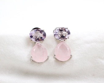 Solid 925 Sterling Silver Jewelry: Rose Quartz Gemstone Stud Post Dangle Earring