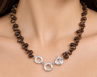 Natural Smoky Quartz Briollettes 18 Inch Necklace,925 Sterling Silver