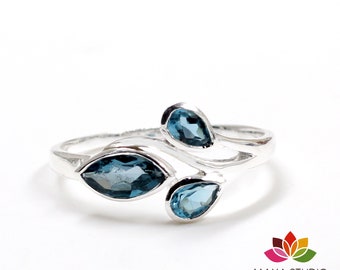 Amethyst Three Stone Ring,Dainty Blue Topaz Ring,925 Sterling Silver,Nickel Free Jewelry