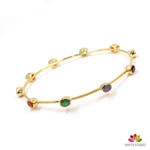 Gold Plated Solid 925 Sterling Silver,Genuine Multi Gemstones Bangle Bracelet,Handmade Gemstones Jewelry,Anniversary Gift,Wedding Jewelry,
