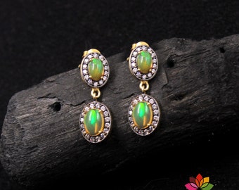 Natural Ethiopian Earring,925 Sterling Silver Post Dangle Earring,CZ Halo Opal Earring,Handmade Silver Jewelry,Anniversary Gift Earring