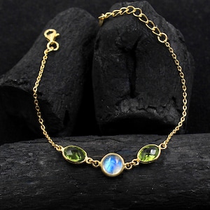 Moonstone & Peridot Bracelet,Gold Plate,925 Silver Jewelry,Casual Wear Bracelet,Anniversary Gift,Maya Studio Handmade Bracelet,Birthday Gift
