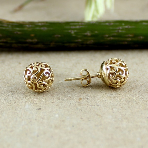 Gold plated silver Filigree ball earring,ball stud earring,Anniversary GiftEarring, Girl For Friends,Birthday gift,Stud Post Earrings,For me