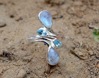 Natural Moonstone & Blue Topaz Trilogy Ring – 925 Sterling Silver, Emerald Cut, Handmade Size L To Z