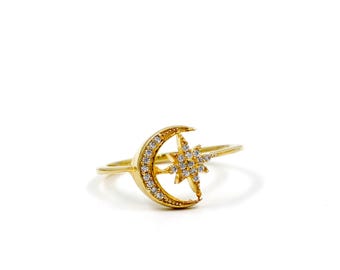 Moon and Star Ring; Cubic Zircon 925 Sterling Silver Jewelry