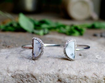White Dendritic Agate Cuff Bracelet, Solid 925 Sterling Silver,Adjustable Open