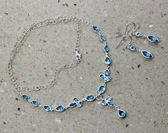 Swiss Blue Topaz Sterling Silver Necklace Earring Set: 925 Wedding Jewelry