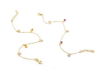 Minimalist Combo Amethyst & Citrine Dainty Star Bracelet: Solid 925 Sterling Silver Jewelry