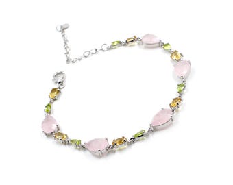 Rose Quartz & Citrine Peridot Colorful Gemstone Bracelet: Solid 925 Sterling Silver Jewelry