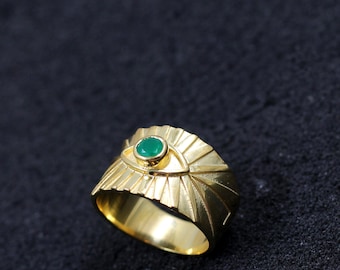 Evil Eye Ring,Solid 925 Silver Gold Plated Ring,Green Onyx Ring,Men/Women Ring,Unisex Ring,Statement Hand Jewelry,Anniversary Gift Ring Band