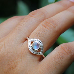 Solid 925 Sterling Silver Jewelry,Rainbow Moonstone Ring,Evil Eye Ring,Protection Ring,Lucky Silver Ring,Christmas Gift,Anniversary Gift