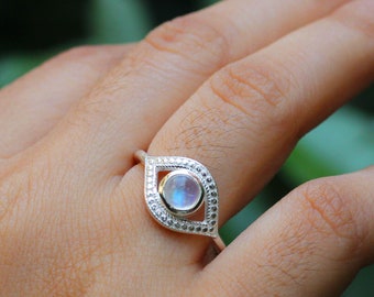 Solid 925 Sterling Silver Jewelry,Rainbow Moonstone Ring,Evil Eye Ring,Protection Ring,Lucky Silver Ring,Christmas Gift,Anniversary Gift