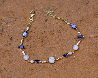 Gold Plated Silver Bracelet,Iolite & Opal Gemstone Jewelry,Solid 925 Sterling Silver,Anniversary Present,Valentine Gift,Proposal Bracelet