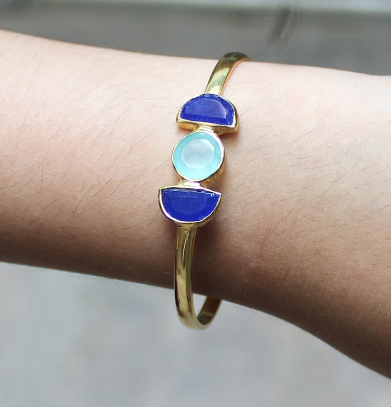 Aqumarine Bracelet,Chalcedony Lapis Gemstone Bangle,925 Sterling Silver Bracelet,Rough Aquamarine Amethyst Cuff,Gold Plated Jewelry