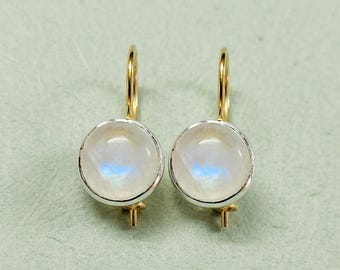 Moonstone Sterling Silver Earrings: Round Cabochon, Handmade Jewelry