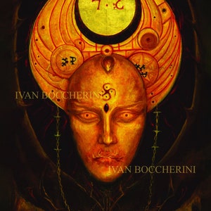 Op de afbeelding: Een schilderij van een persoon met een gouden kroon en een ketting om hun nek. De persoon heeft een gouden gezicht en rode ogen. De achtergrond is zwart. Het schilderij is getiteld "Ivan Boccherini" en de website van de kunstenaar is "www.lightbringerart.com".