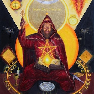 The Magician. Enochian Call.  Oil painting. Enochian magic. Summoning of the Angels. Oil painting.