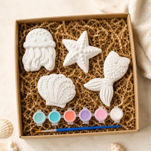 May include: A craft kit in a square cardboard box containing four white ceramic figures shaped like a jellyfish, a starfish, a seashell, and a mermaid tail. The set includes a strip of six small paint pots in various colors and a thin paintbrush.
