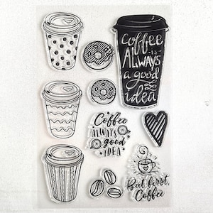 Koffie stempel set, heldere acryl stempels voor koffieliefhebbers, koffieboon, latte Word Art, donut cartoon afbeelding, ambachtelijke benodigdheden voor journaling