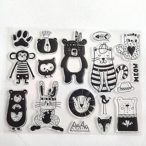 Set di timbri con animali adorabili, graziosi timbri trasparenti in acrilico, grandi articoli per lavoretti con la fauna selvatica, carta per lettere con creature, gatto in tazza, orso con cappello