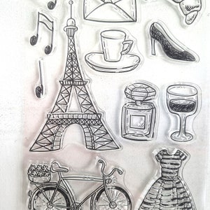 Set di timbri Parigi Francia, timbri acrilici trasparenti, forniture artigianali per la Torre Eiffel, etichette di carta per croissant, diario di pianificazione dei profumi, moda e vino