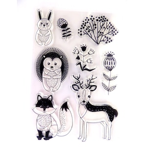 Jeu de tampons Créatures des bois, Tampons transparents en acrylique avec hérisson, lapin, renard et cerf en dessin animé, Fleurs et nature, Fournitures créatives pour enfants