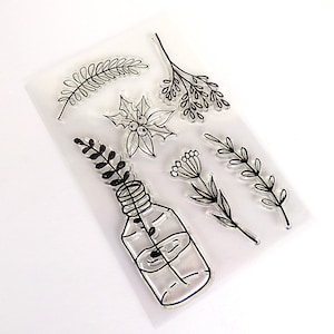 Jeu de tampons végétaux, Tampons acryliques transparents, Fournitures créatives botaniques transparentes, Houx de Noël, Pot Mason de gui, Feuilles de fleurs naturelles