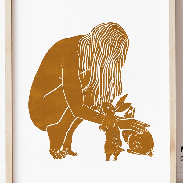 Nature Child Original Linocut Print | Artybymartie | Female with Bunnies