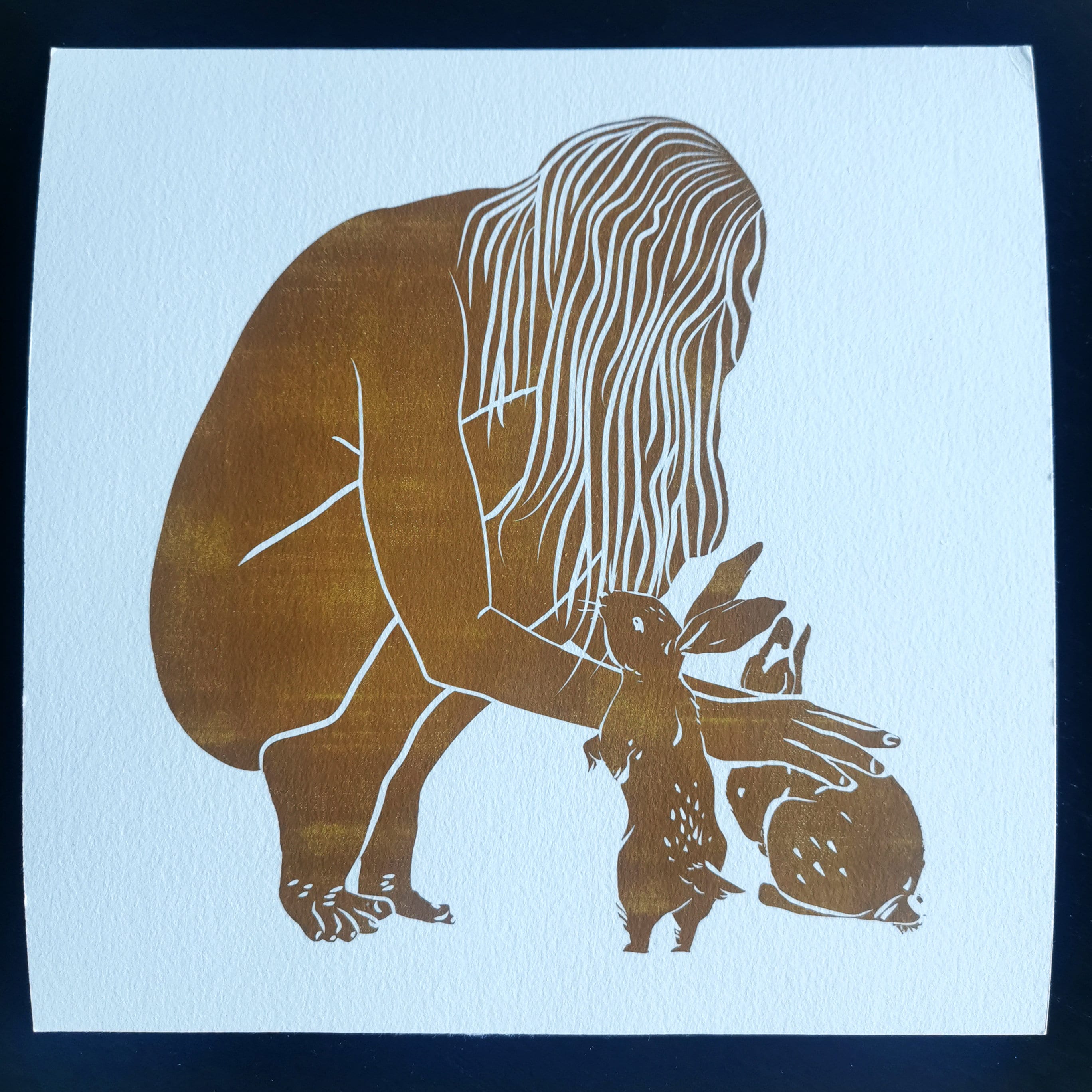 Nature Child Original Linocut Print | Artybymarty | Female With Bunnies ...