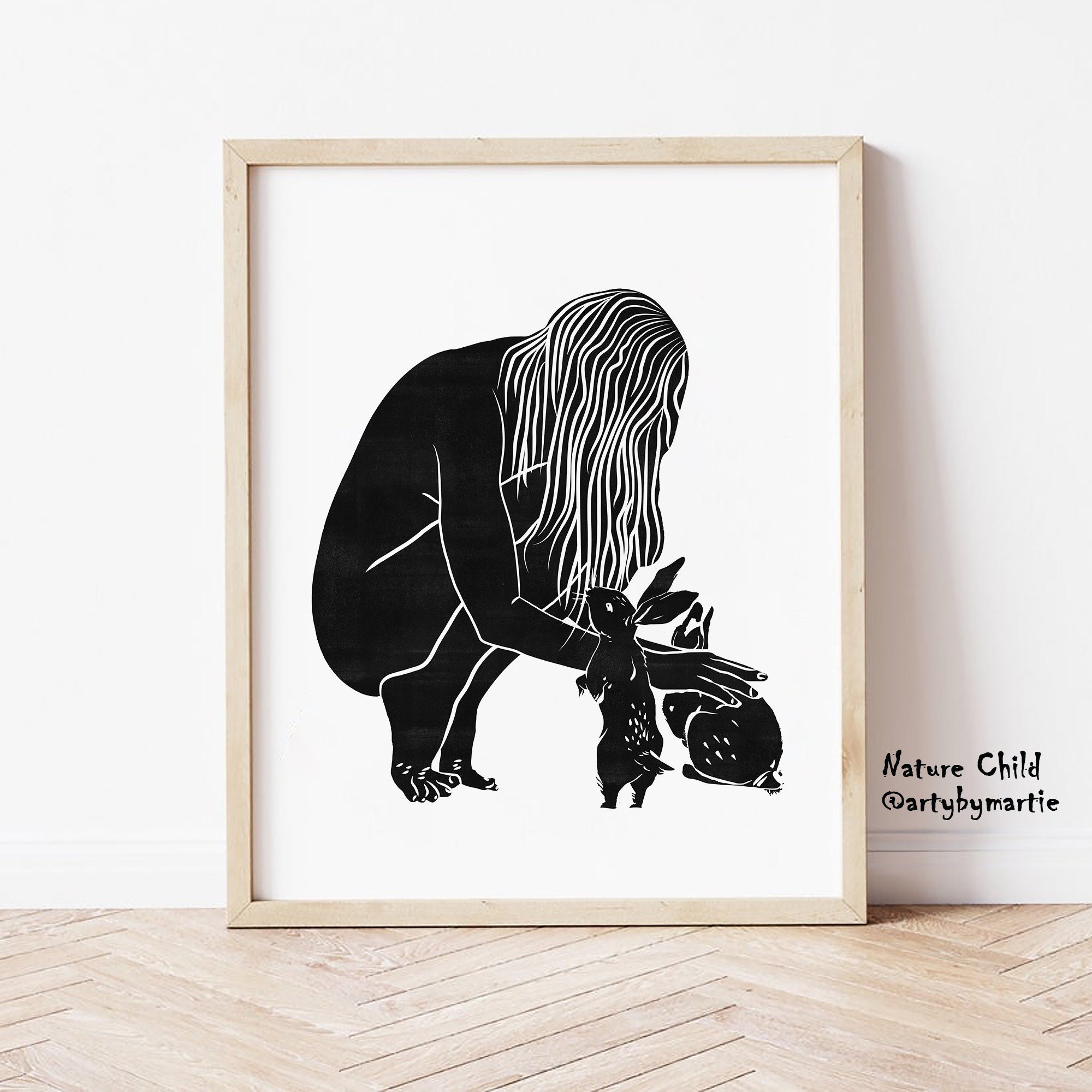 Nature Child Original Linocut Print | Artybymarty | Female With Bunnies ...