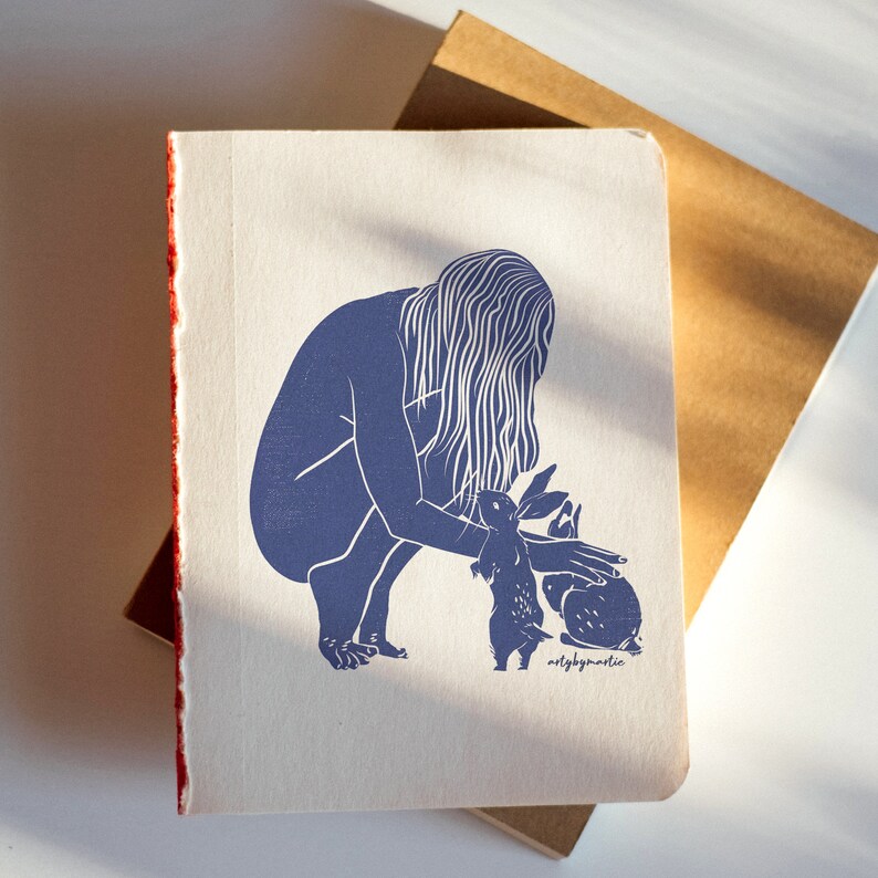 Nature Child Original Linocut Print | Artybymarty | Female With Bunnies ...