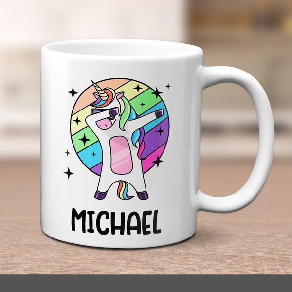 Personalise Name, Dabbing Unicorn, White Mug, Mug, Cup, Gift Idea, Custom, Add Any Name, Personalised Mug, Rainbow, My Name