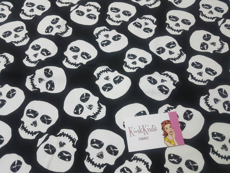 Halloween Black White Cotton lycra kwikknits Stretch Knit four way Fabric skull fabric stretch fabric Skulls monochrome