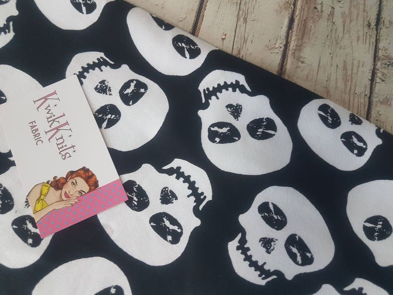 Halloween Black White Cotton lycra kwikknits Stretch Knit four way Fabric skull fabric stretch fabric Skulls monochrome