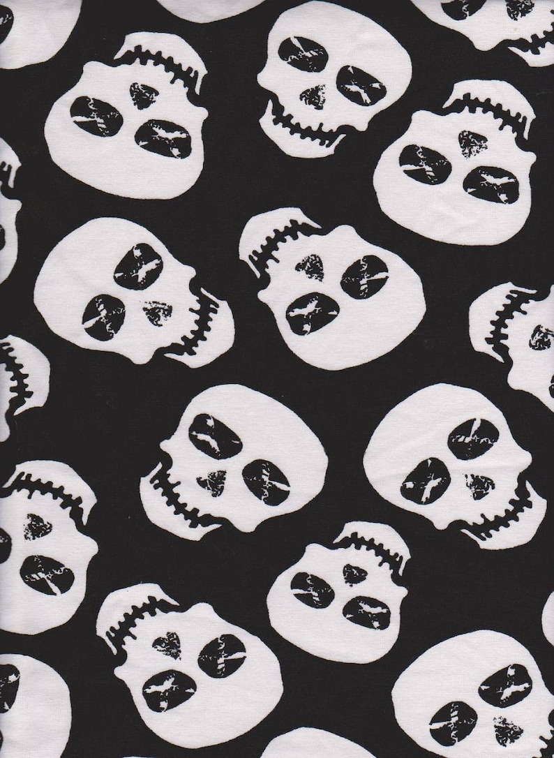 Halloween Black White Cotton lycra kwikknits Stretch Knit four way Fabric skull fabric stretch fabric Skulls monochrome
