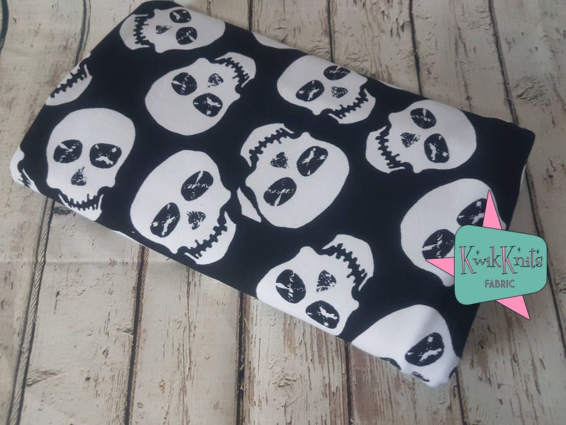 Halloween Black White Cotton lycra kwikknits Stretch Knit four way Fabric skull fabric stretch fabric Skulls monochrome