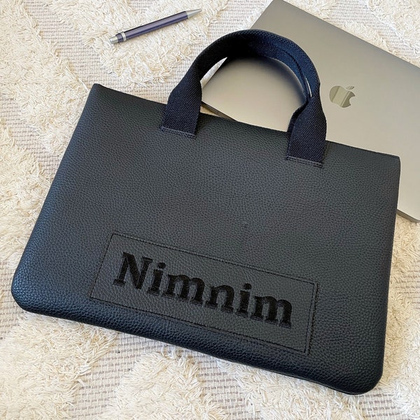Personalised Black Laptop Bag/Messenger Bag/ Vegan Leather Laptop Bag for Men Women/ Leather Computer Bag/ Work Bag/ Computer Bag