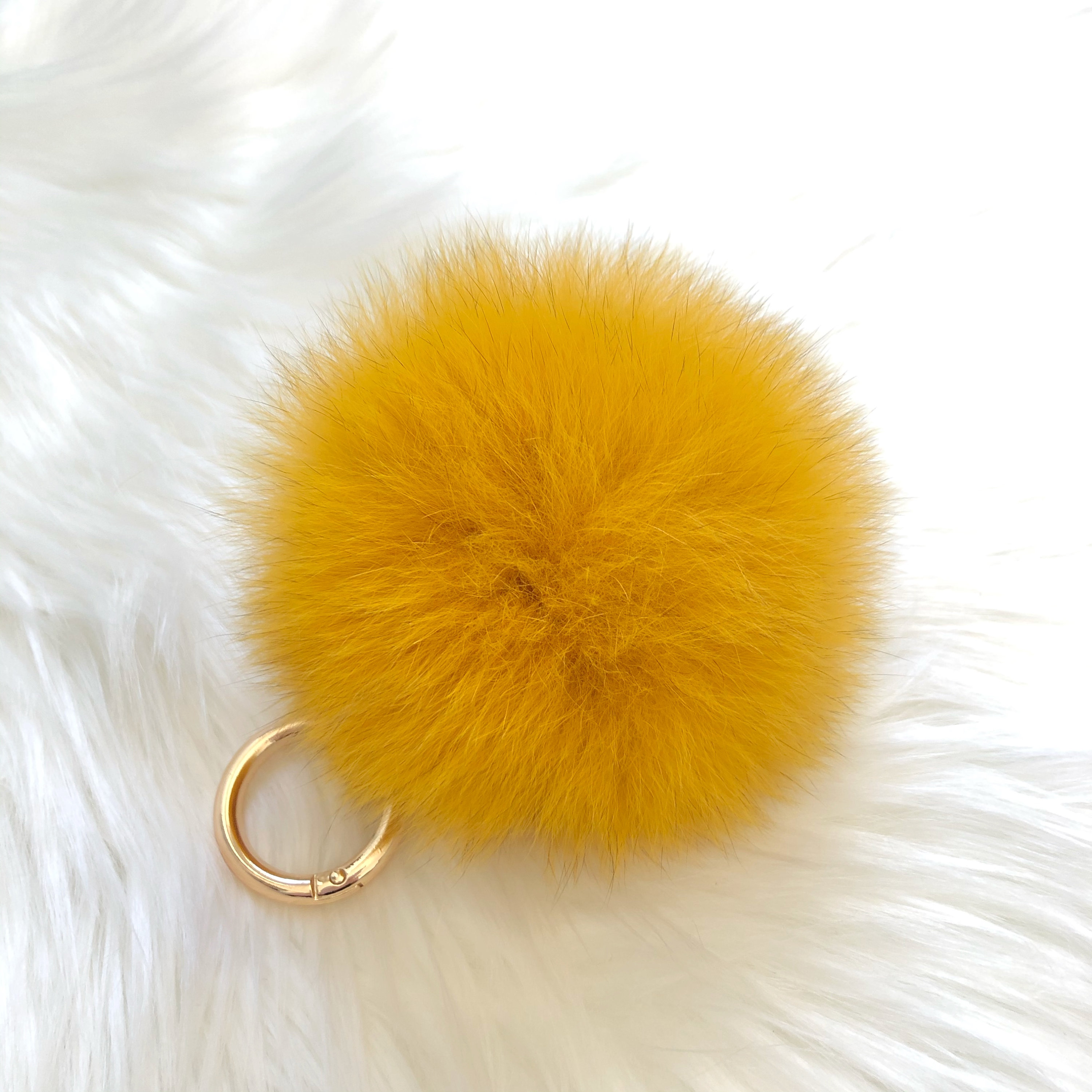 Genuine Yellow Fur Keychain Mustard Yellow Pompom Keychain