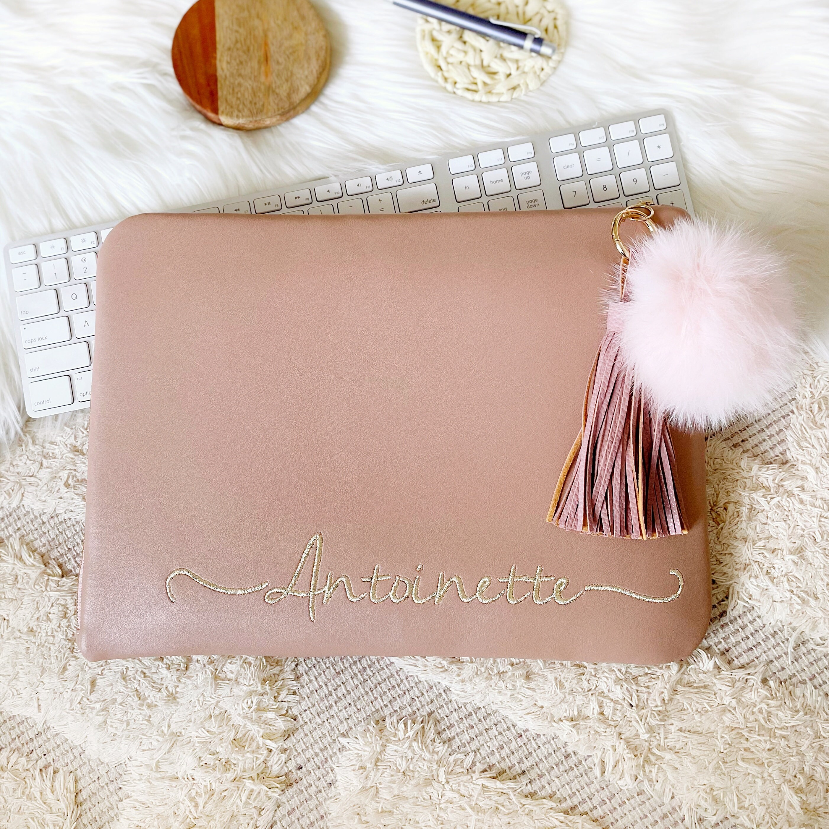 Personalized Pink Vegan Leather Laptop Sleeve: Gold Embroidery