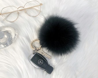 Genuine Fur Keychain, Pompom Keychain, Handbag Fur Pompom Charm, Black Fur Charm, Pompom Keyring, Bag Accessories, Gift for Her.