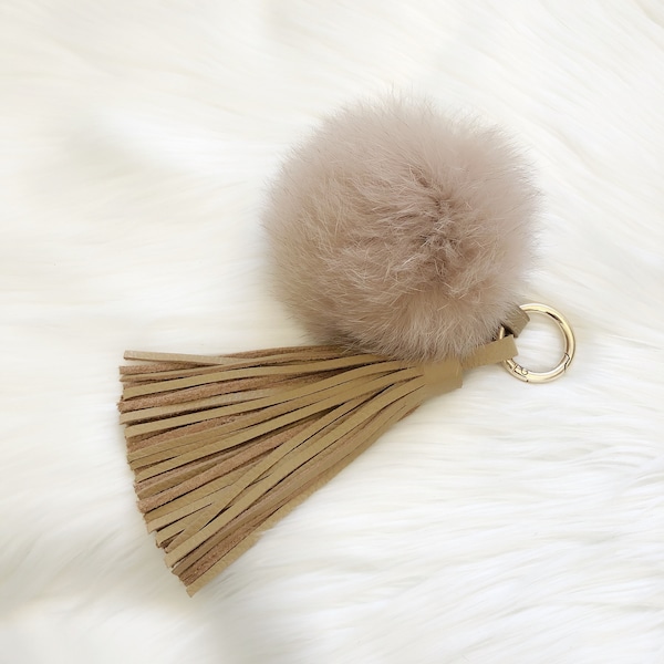 Genuine Tan Fur Pompom Keychain with Leather Tassel Keychain/Bag Charm, Fur Pompon Tassel Bag Charm,  Woman's Bag Accessories. Gift for Her.