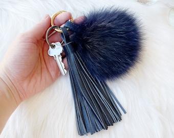 Genuine Envy Blue Fur Pompom with Blue Leather Tassel Keychain/Bag Charm. Envy Blue Leather Tassel Key Ring. Fur Pompom Handbag Charm.